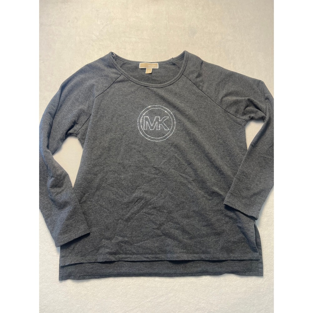 Michael Kors XL Pullover Top Casual Glam Gray Rhinestone Logo Long Sleeve Raglan